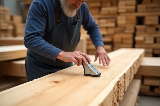 職人が木材を検査し選定する様子